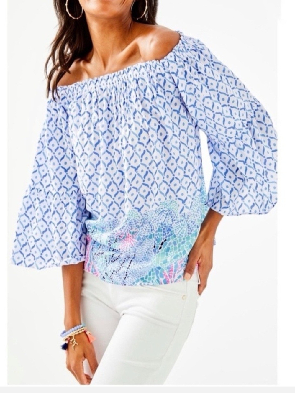 lilly pulitzer nevie off the shoulder top sea la viva print Size Xs